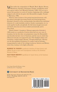 Ein Text beschreibt Heinrich Schenkers Harmonieauffassung und deren Einfluss. Erwähnt Autoren Robert W. Wason und Matthew Brown. Logo der University of Rochester Press ist zu sehen.