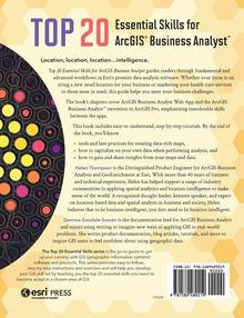 Text: "TOP 20 Essential Skills for ArcGIS® Business Analyst™."

Beschreibung: Buntes, kreisförmiges Muster links, esri PRESS-Logo unten. Bücherklärung mit Aufzählungen.