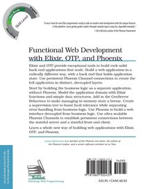 "Functional Web Development with Elixir, OTP, and Phoenix" ist der Buchtitel. Links oben ein "Skill Level"-Kreis, unten ein Bücherstapel-Logo.