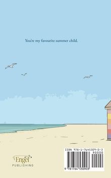 Text: “You're my favourite summer child.” Illustration: Strand mit Strandhütte, Möwen fliegen über Himmel.