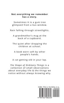 Texte über alltägliche Beobachtungen, darunter ein Baum und Regen bei Straßenlichtern, mit dem Titel "The Shape of Ordinary Things".