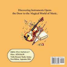 "Discovering Instruments Opens the Door to the Magical World of Music." Illustration: Geige, Bücher, Blumen, Noten.