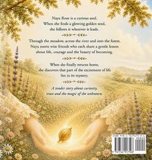 Text über Naya Rose, die einem leuchtenden Samen folgt. Illustration mit Blumen, Bäumen und Händen, die den Samen halten.