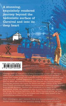 Buchtext beschreibt eine tiefgehende Reise ins Herz des Karnevals. Illustration zeigt lebendige Szenen und eine Giraffe.