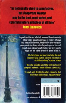 Roter Hintergrund mit Lob für "Dangerous Women" von Janet Evanovich und anderen Autoren. Illustration zeigt Straßenlaterne.