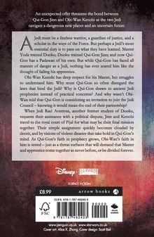 "An unexpected offer threatens the bond between Qui-Gon Jinn and Obi-Wan Kenobi" steht oben. Jedi-Ritter kämpfen mit internen Konflikten. Logos von Disney, Lucasfilm und Arrow Books darunter. Preis: £8.99.