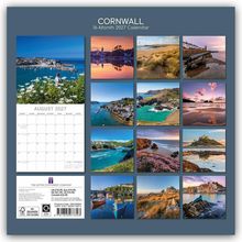 "CORNWALL 16-Month 2027 Calendar". August 2027 Monatsansicht. Verschiedene Küstenlandschaften, lebendige Farben.