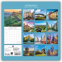 EDINBURGH, 16-Month 2027 Calendar. Zeigt Edinburghs Landschaften und Architektur. Monat August 2027 ist hervorgehoben.