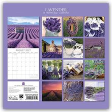 "LAVENDER 16-Month 2027 Calendar" und "AUGUST 2027" sind groß zu lesen. Bilder von Lavendel, Feldern und Produkten.