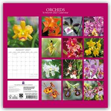 „ORCHIDS“, „16-Month 2027 Calendar“, „AUGUST 2027“. Verschiedene Orchideenbilder auf einem Kalender.