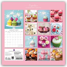 Text oben: "Cupcakes 16-Month 2027 Calendar". Unten ein Kalenderraster für August 2027. Bunte Cupcakes-Bilder mit Dekorationen.