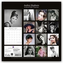 Audrey Hepburn, 16-Month 2027 Calendar. Zwölf Porträtbilder und ein Kalender für August 2027 auf schwarzem Hintergrund.