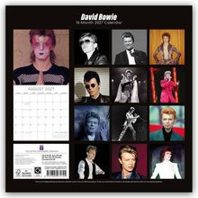 David Bowie, 16-Month 2027 Calendar. August 2027 mit Kalenderansicht. Verschiedene Bilder von David Bowie in ikonischen Posen.