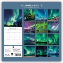 "NORTHERN LIGHTS. 16-Month 2027 Calendar. AUGUST 2027." Kalender mit Bildern von Nordlichtern in verschiedenen Landschaften.
