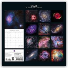 "SPACE 16-Month 2027 Calendar" oben. Unten ein Kalender für August 2027. Bilder von bunten Galaxien und Nebeln.