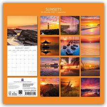 "Sunsets" und "16-Month 2027 Calendar" oben. Zeigt Sonnenuntergänge über Meeren, Landschaften und Wahrzeichen.