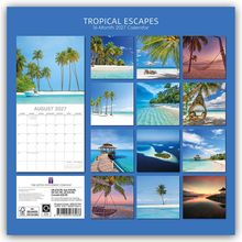 "TROPICAL ESCAPES 16-Month 2027 Calendar", August 2027 Kalenderblatt, tropische Strandbilder, Palmen und Meer.