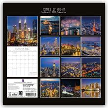 "Cities by Night", 16-Month 2027 Calendar. August 2027 zeigt ein Kalendarium. Fotos: Nacht-Skyline verschiedener Städte.