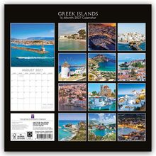 "Greek Islands 16-Month 2027 Calendar." 
Fotos von Küsten, Orten und Landschaften der griechischen Inseln. 
August 2027 Kalenderblatt.