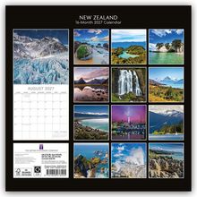 "New Zealand 16-Month 2027 Calendar." Zeigt 12 Landschaftsfotos und einen Kalender für August 2027.