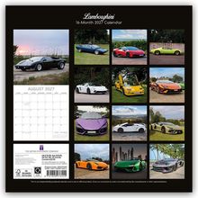 "Lamborghini 16-Month 2027 Calendar" zeigt verschiedene bunte Lamborghini-Autos vor unterschiedlichen Kulissen.