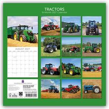 "TRACTORS 16-Month 2027 Calendar" steht auf grünem Hintergrund. Bilder von verschiedenen Traktoren sind in einem Raster angeordnet.