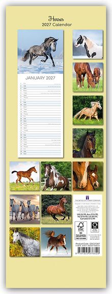 "Horses 2027 Calendar" oben, "January 2027" in der Mitte. Fotos von Pferden in verschiedenen Szenen und Farben.