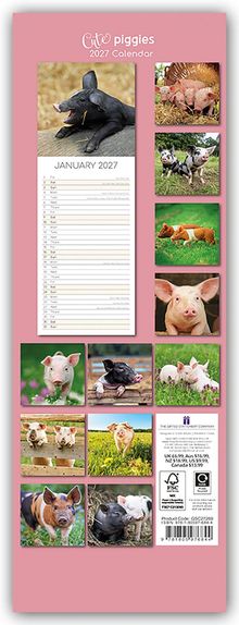 „Cute piggies 2027 Calendar“. Fotos von Ferkeln auf einem rosa Hintergrund. Januar-Kalenderblatt sichtbar.