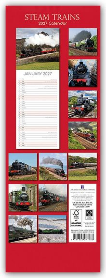 „STEAM TRAINS 2027 Calendar“. Mehrere Fotos von Dampflokomotiven. Januar 2027-Kalender auf der linken Seite.