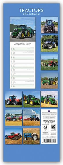 TRACTORS 2027 Calendar. Januar 2027. Mehrere Fotos von Traktoren verschiedener Farben auf Feldern.