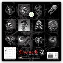 "Neverworld Calendar 2023" in roter gotischer Schrift. Verschiedene düstere Illustrationen mit Schädeln und Raben.