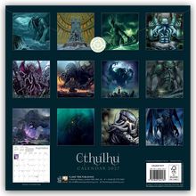 "Cthulhu Calendar 2027." Zwölf Illustrationen von Cthulhu in düsteren, fantastischen Szenen und ein Kalenderblatt für September.