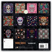 "Sugar Skulls Calendar 2027". Sammlung von bunten Schädel-Illustrationen, jede in einem einzigartigen Stil gestaltet.