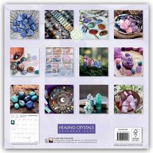 "Healing Crystals Calendar 2027" oben mit bunten Kristallfotos in drei Reihen, unten Monatsübersicht September.