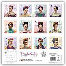 Frida Kahlo: Life of an Icon. Kalender 2027. Mehrere Porträts von Frida Kahlo mit Blumen und Schmetterlingen.