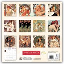 „Alphonse Mucha Calendar 2027“. Oben: Illustrationen von Frauen und Blumen. Unten links ein Kalenderblatt für „September“.