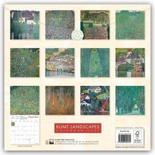 Oben: "Klimt Landscapes Calendar 2027". Zwölf Gemälde in einem 3x4-Raster, ein Kalenderblatt unten links.
