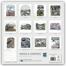 „Angela Harding Kalender 2027“, zwölf quadratische Illustrationen von Tieren und Natur, darunter Titel wie „Winter Hare“ und „Seal Song“.