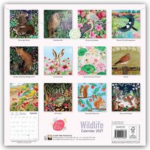 "Wildlife Calendar 2027", 12 Illustrationen von Tieren: Hasen, Eule, Tauben, Spechte, Fuchs, Eichhörnchen, Vögel.