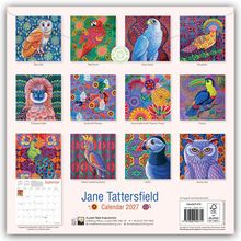 Jane Tattersfield Kalender 2027. Bunte Vogel-Illustrationen: Eule, Papagei, Falke, Pfau, Kolibri, Tukan, Kakadu, Papageitaucher.