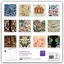 "Royal School of Needlework Calendar 2027." Zwölf Stickmuster mit floralen und kunstvollen Designs. Unten rechts ein Logo.