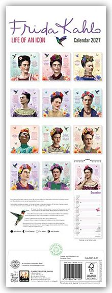 "Frida Kahlo: Life of an Icon" Kalender 2027. Illustrationen von Frida Kahlo mit Blumen und Vögeln.