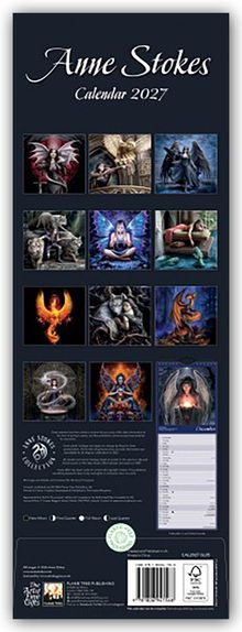 Kalender 2027, Anne Stokes. Zwölf Fantasy-Illustrationen, darunter Engel, Drachen und magische Kreaturen in kräftigen Farben.