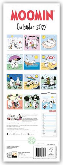 "Moomin Kalender 2027" steht oben, darunter 12 Illustrationen der Moomins, die verschiedene Jahreszeiten zeigen.