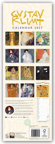 GUSTAV KLIMT CALENDAR 2027. Elf Kunstwerke in Reihen. Monatsübersicht unten rechts. Text und Bilder darunter.