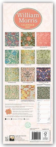 "William Morris Calendar 2024" steht oben. Darunter sind zwölf quadratische Muster in verschiedenen Farben. Rechts ein Kalenderblatt.