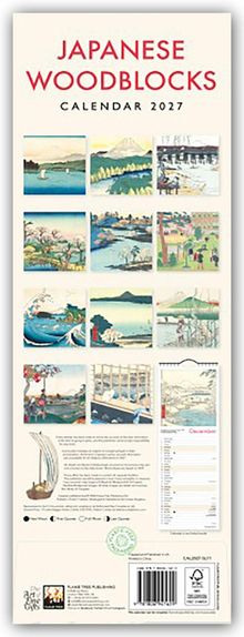 "JAPANESE WOODBLOCKS CALENDAR 2027" oben, darunter 12 Holzschnittbilder in einer Collage. Unten weitere Details und Infos.