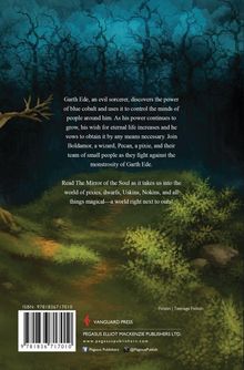 Text über einen bösen Zauberer und einen Kampf mit magischen Wesen. Illustration eines mystischen Waldes.