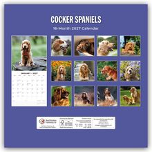 "Cocker Spaniels 16-Month 2027 Calendar" steht oben. Es zeigt Fotos von Cocker Spaniels und einen Kalender für Januar 2027.
