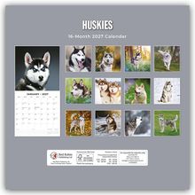 "HUSKIES" und "16-Month 2027 Calendar" oben. Bilder von Huskies in verschiedenen Posen auf grauem Hintergrund.